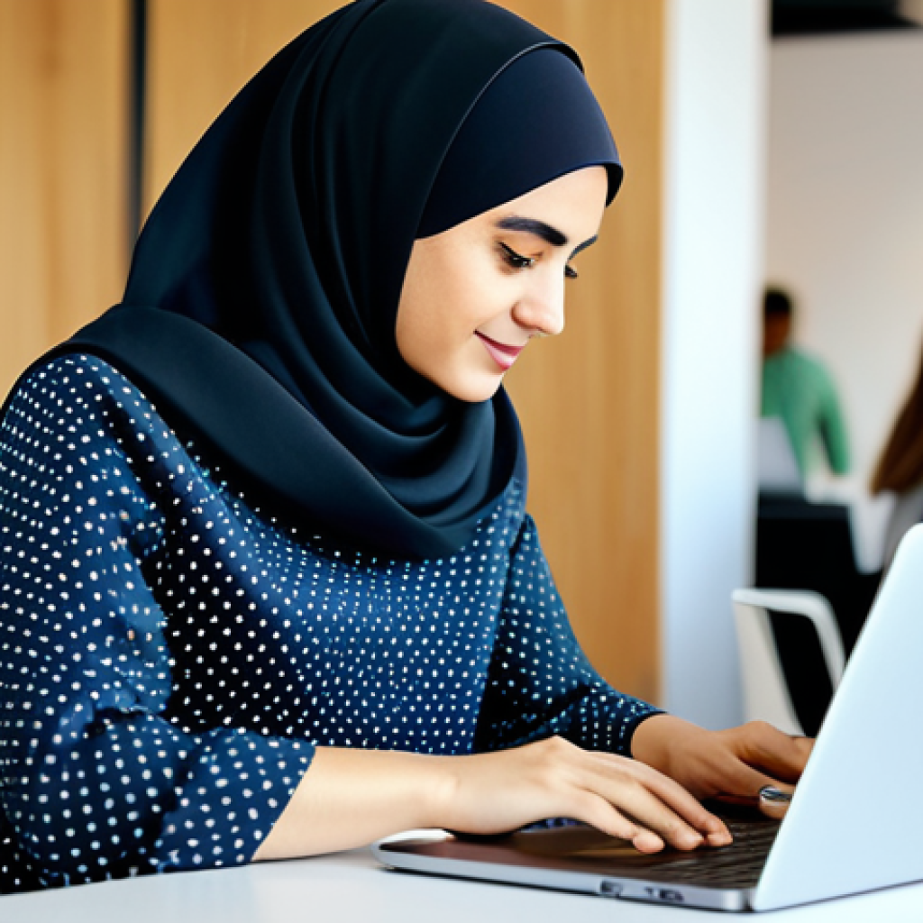 **
"A professional female graphic designer, fully clothed in modest attire, working on a laptop in a brightly lit co-working space in Dubai. Modern office setting with other people collaborating in the background. Safe for work, appropriate content, perfect anatomy, well-formed hands, natural pose, high quality."
**