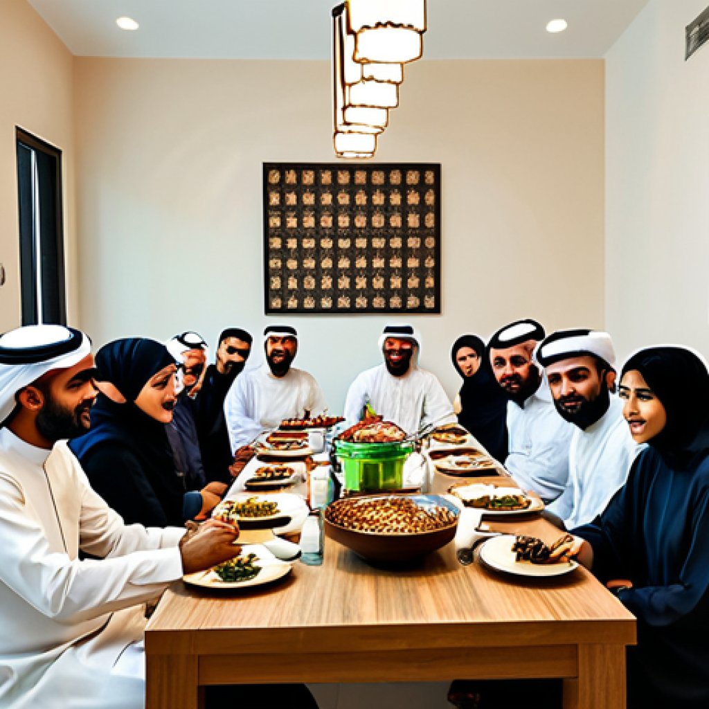 **
A bustling, modern co-living space in Dubai, UAE, during Ramadan. Fully clothed individuals, some in traditional Emirati dress, are gathered around a communal iftar table laden with dates, laban, and traditional dishes. The setting is a bright, contemporary living room with Arabic calligraphy art on the walls. Safe for work, appropriate content, professional, modest, family-friendly.
**