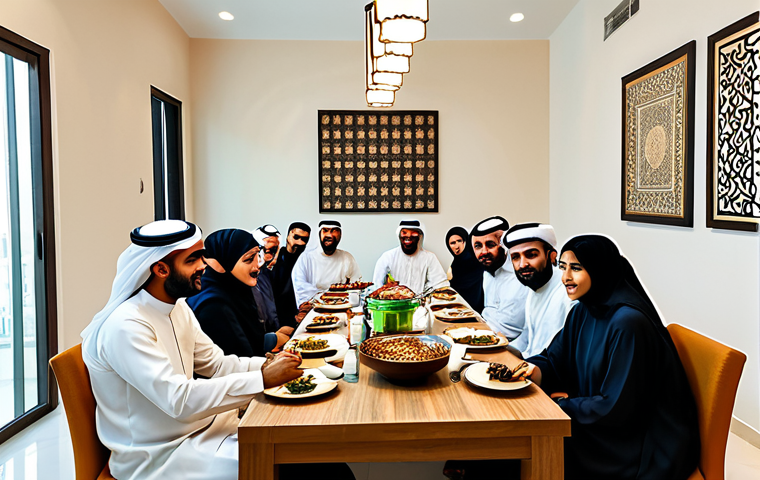 **

A bustling, modern co-living space in Dubai, UAE, during Ramadan. Fully clothed individuals, some in traditional Emirati dress, are gathered around a communal iftar table laden with dates, laban, and traditional dishes. The setting is a bright, contemporary living room with Arabic calligraphy art on the walls. Safe for work, appropriate content, professional, modest, family-friendly.

**