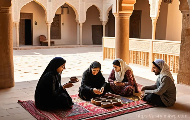 코리빙 커뮤니티와 전통 주택 비교 - **"A bustling, sun-drenched traditional Middle Eastern courtyard home. In the foreground, an elder w...