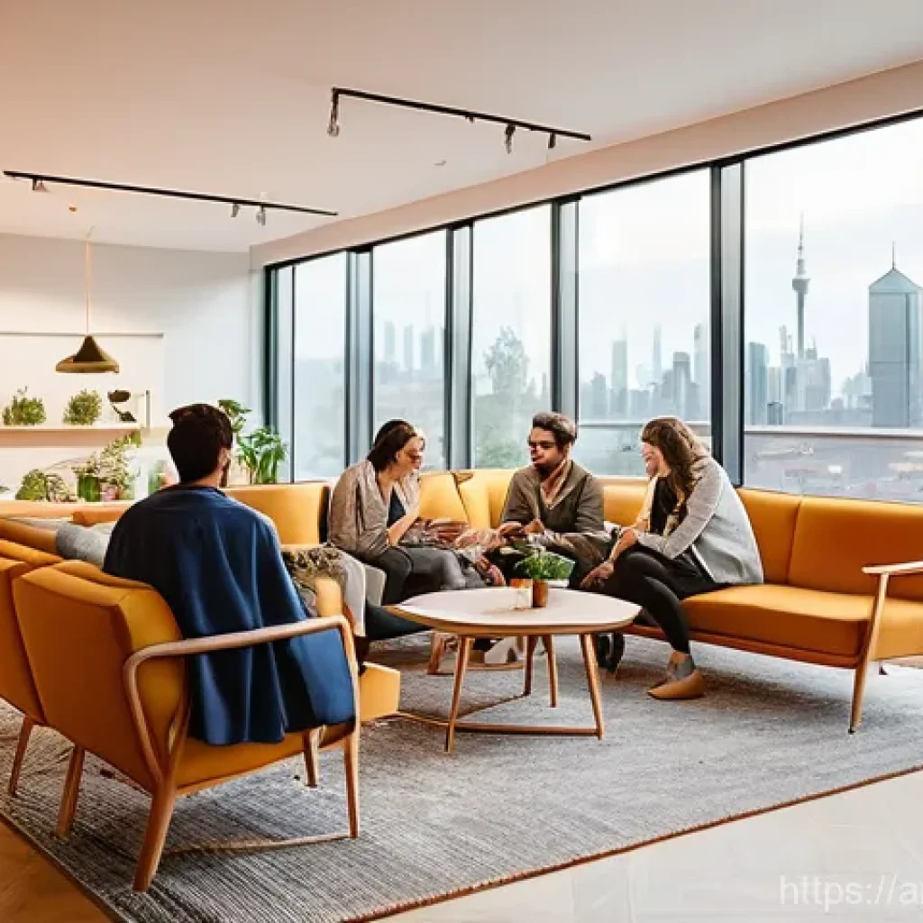 코리빙 커뮤니티의 거주자 인터뷰 - A vibrant and modern co-living communal lounge area filled with natural light, featuring comfortable...