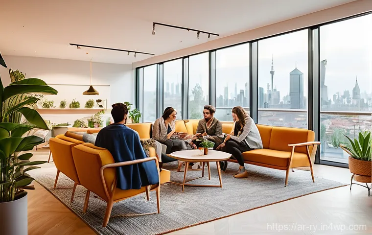 코리빙 커뮤니티의 거주자 인터뷰 - A vibrant and modern co-living communal lounge area filled with natural light, featuring comfortable...