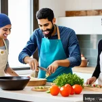 Home 22 코리빙 커뮤니티에서의 요리 및 식사 문화 - A warm, vibrant scene of a diverse group of young adults from Middle Eastern backgrounds cooking tog...