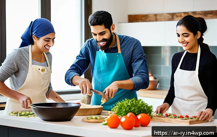 코리빙 커뮤니티에서의 요리 및 식사 문화 - A warm, vibrant scene of a diverse group of young adults from Middle Eastern backgrounds cooking tog...