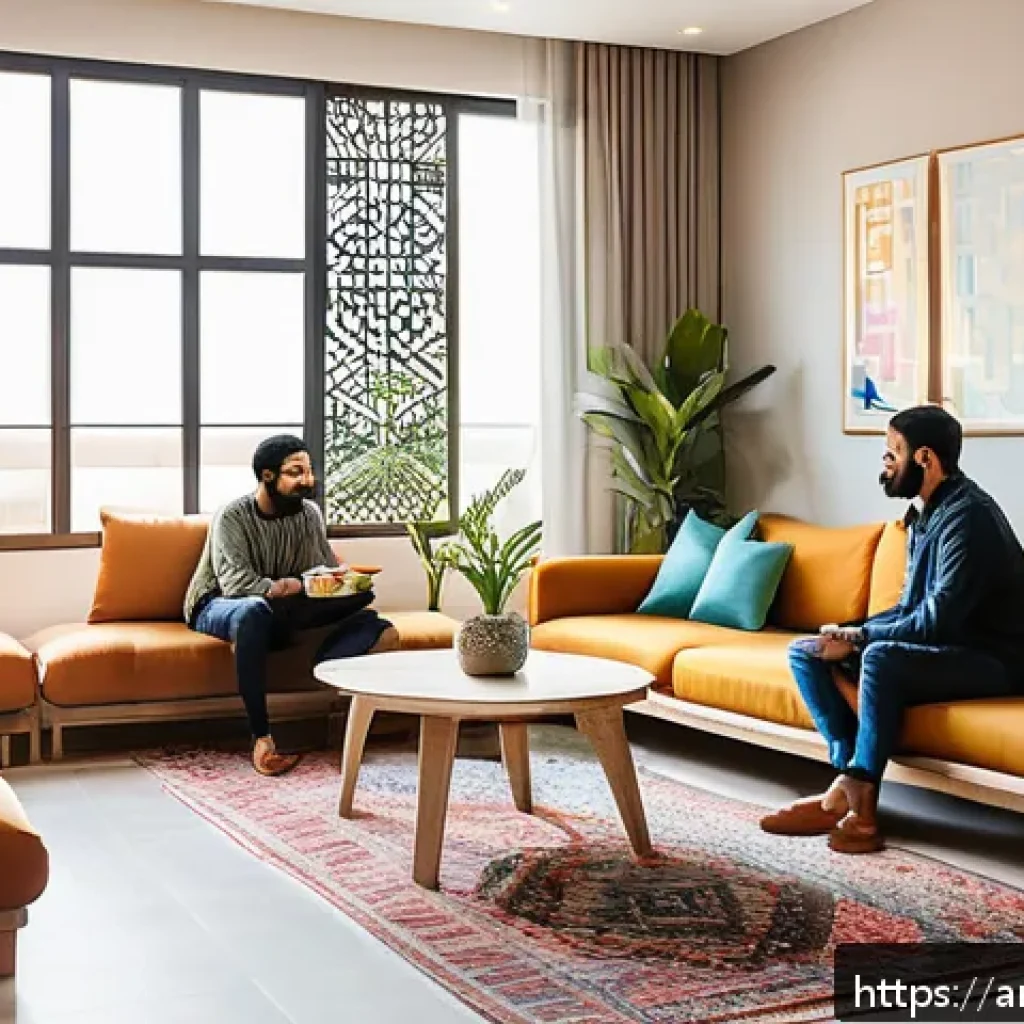 코리빙 커뮤니티의 커뮤니티 구성원 역할 - A warm, inviting co-living community space in an Arabic cultural setting, showing diverse adults eng...