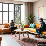 Home 20 코리빙 커뮤니티의 커뮤니티 구성원 역할 - A warm, inviting co-living community space in an Arabic cultural setting, showing diverse adults eng...