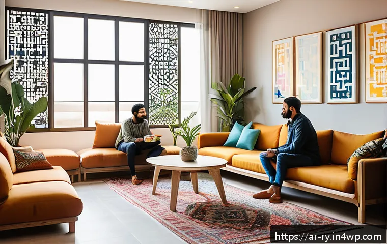 코리빙 커뮤니티의 커뮤니티 구성원 역할 - A warm, inviting co-living community space in an Arabic cultural setting, showing diverse adults eng...