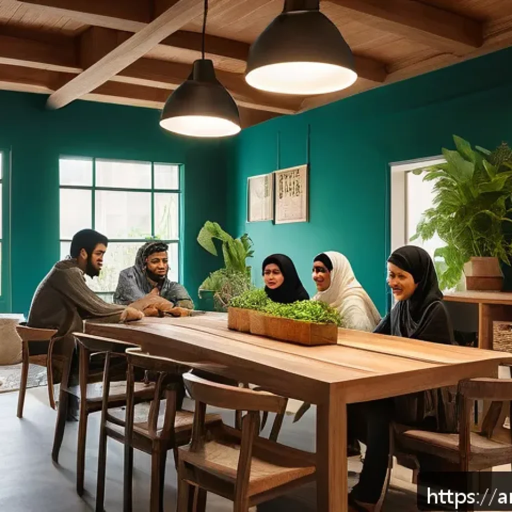 코리빙 커뮤니티의 지속 가능성을 위한 팁 - A cozy co-living space designed with eco-friendly elements, featuring warm natural lighting from ene...