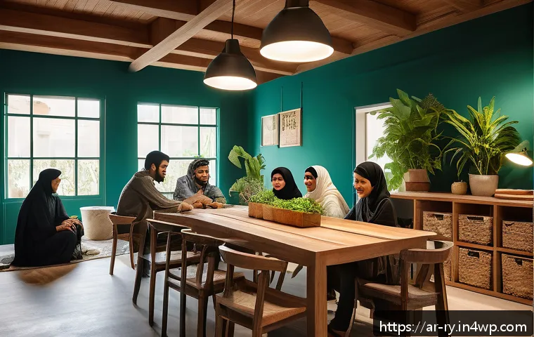 코리빙 커뮤니티의 지속 가능성을 위한 팁 - A cozy co-living space designed with eco-friendly elements, featuring warm natural lighting from ene...
