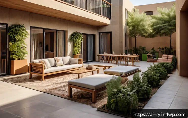 코리빙 커뮤니티의 서비스 및 요금 비교 - A vibrant co-living community courtyard in a modern Arab city, showcasing diverse residents engaging...