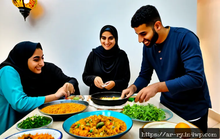 코리빙 커뮤니티에서의 문화적 정체성 형성 - Photorealistic shared co-living kitchen in a contemporary Middle Eastern apartment, diverse Arab you...